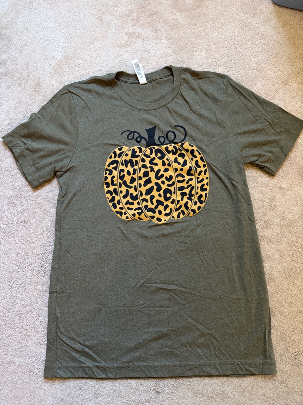Bella Canvas Olive Green Tee with Leopard Pumpkin Graphic
